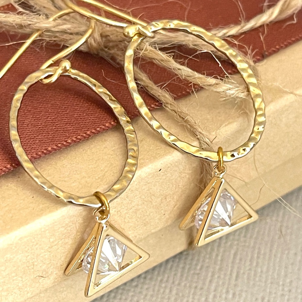 Elegant Hammered Gold Oval Earrings w/ Sparkling Zirconia—14K Gold Filled Hoops